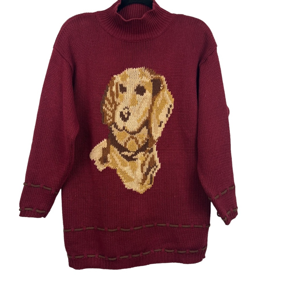 The Eagle's Eye Sweater Size M Dog Hand Knit Cotton Blend Mock Neck Vintage